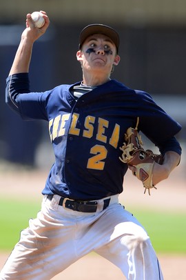 Chelsea pitcher junior Alex Maloney throws a pitch during their quarter final match up against St. Joseph at Ray Fisher Stadium on Tuesday. Melanie Maxwell I AnnArbor.com
